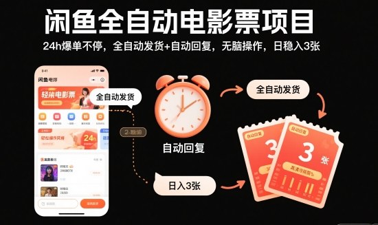 闲鱼全自动电影票项目，24h爆单不停，全自动发货+自动回复，无脑操作，日稳入3张【揭秘】-子比社区