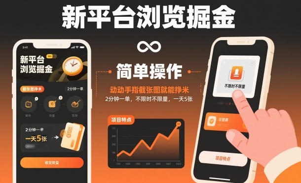 新平台浏览掘金，动动手指截张图就能挣米，2分钟一单，不限时不限量，一天5张【揭秘】-子比社区