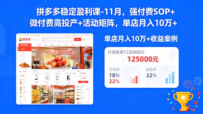 拼多多稳定盈利课-11月，强付费SOP+微付费高投产+活动矩阵，单店月入10万+-子比社区