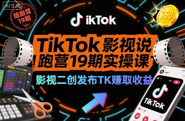 TikTok影视解说陪跑营19期实操课，影视二创发布TK賺取收益，万播收益50美金-子比社区