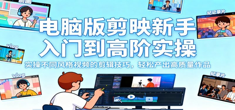 电脑版剪映新手入门到高阶实操，实操不同风格视频的剪辑技巧，轻松产出高质量作品-子比社区