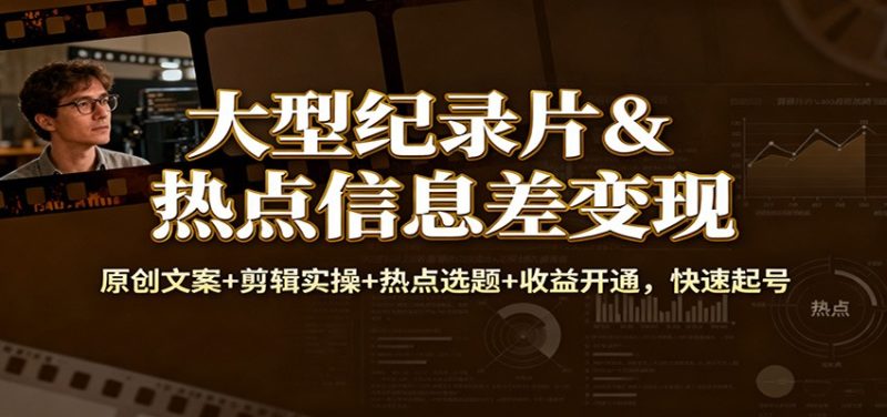 大型纪录片&热点信息差变现：原创文案+剪辑实操+热点选题+收益开通，快速起号-子比社区