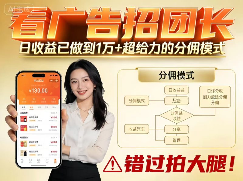 看广告招团长，团队收益已做到日入1万，分佣模式超给力，错过拍大腿-子比社区