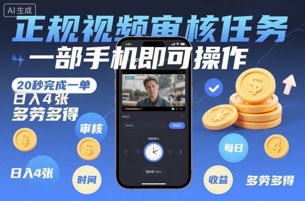 正规视频审核任务，一部手机即可操作，20秒完成一单，日入4张，多劳多得【揭秘】-子比社区