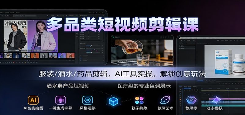 多品类短视频剪辑课：服装/酒水/药品剪辑，AI工具实操，解锁创意玩法-子比社区