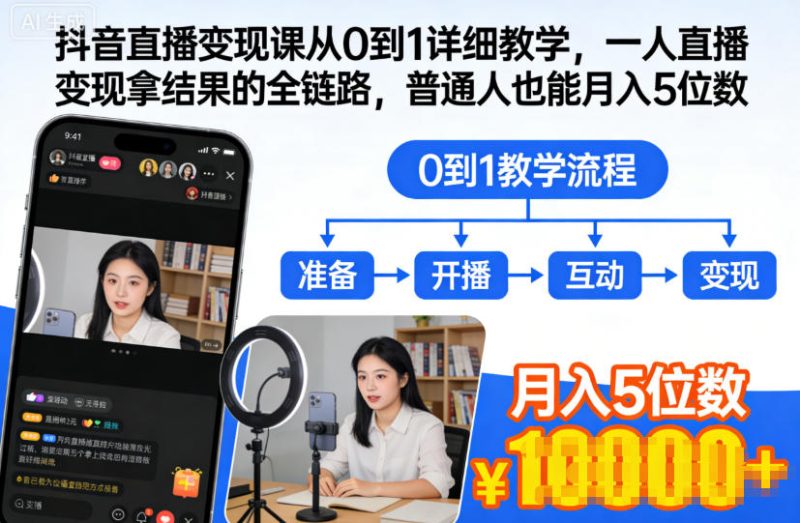 抖音直播变现课从0到1详细教学，一人直播变现拿结果的全链路，普通人也能月入5位数-子比社区