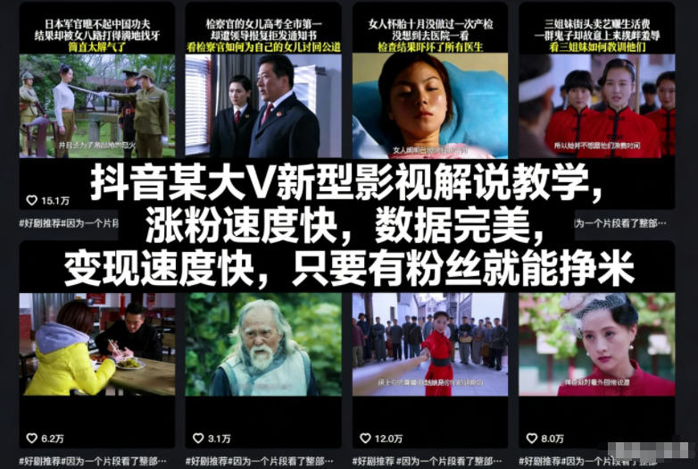 抖音某大V新型影视解说教学，涨粉速度快，数据完美，变现速度快，只要有粉丝就能挣米-子比社区